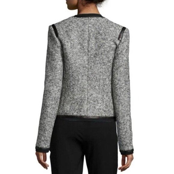 Vince Women’s Sz 4 Grey Tweed Boucle Button Jacket with Black Leather Trim - Picture 2 of 11